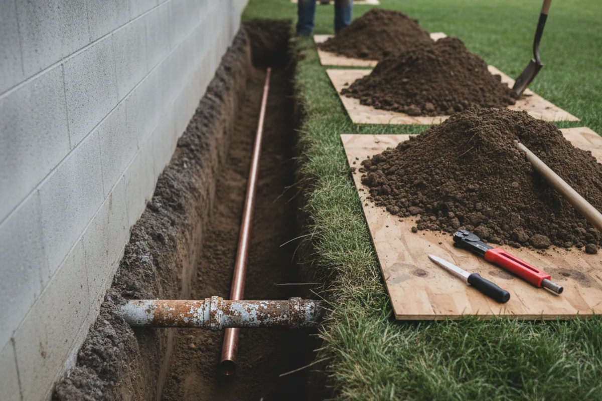 Excavated water line trench during Water Softener Installation in Pigeon Forge